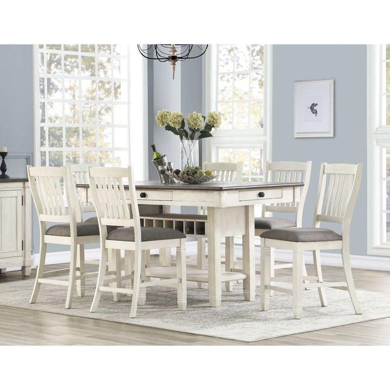 De 2 chaises de salle à manger à hauteur de comptoir, blanc texturé, tissu texturé gris, chaises blanches à structure en bois (2 pièces), tissu rembourré,