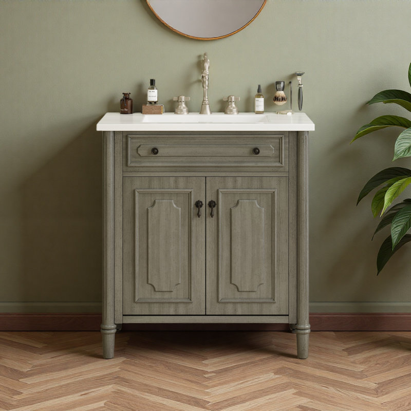 Meuble-lavabo vintage 31 po avec lavabo, armoire de salle de bain rustique avec portes à fermeture en douceur et tablette réglable, conception à profil courbé, pieds en bois d'hévéa