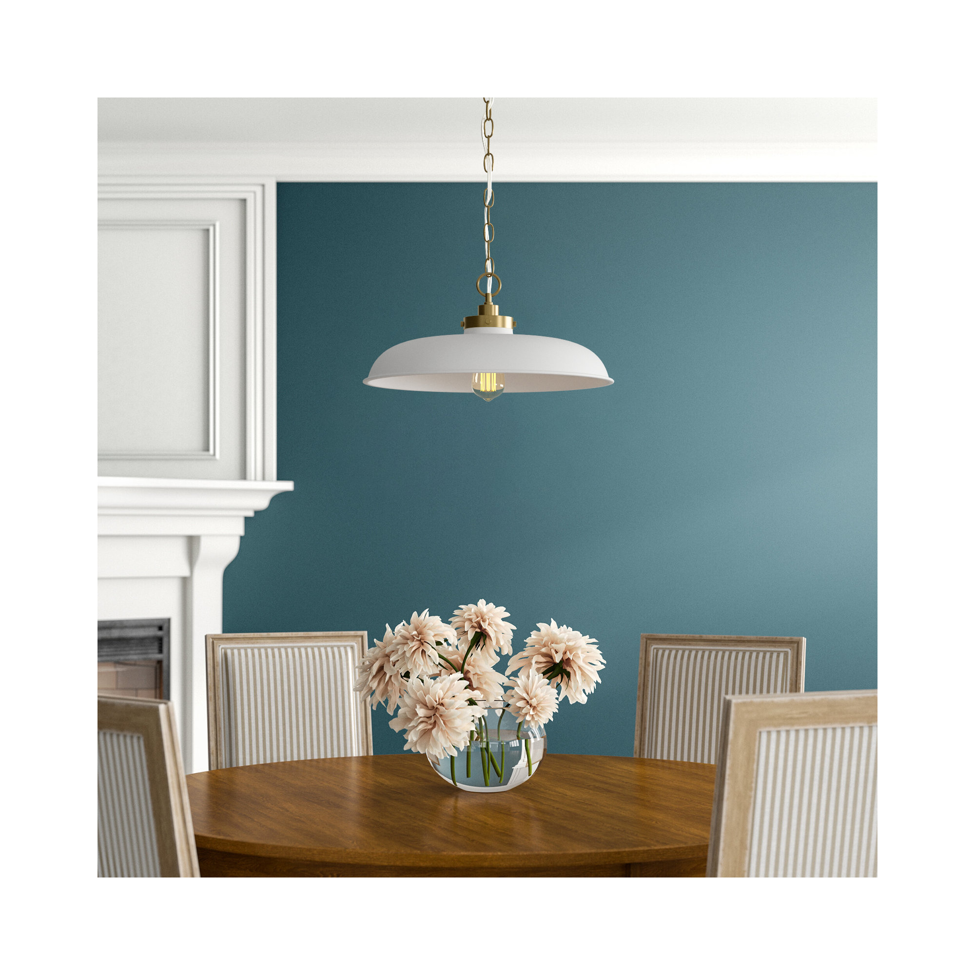 Tateos Single Light Steel Dimmable Pendant, Burnished Brass, Matte White