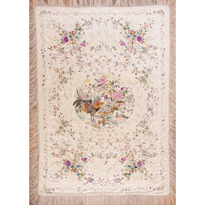 Early 20th Century Light Ivory Color Birds and Flowers Chinese Silk Embroidery Textile Art
