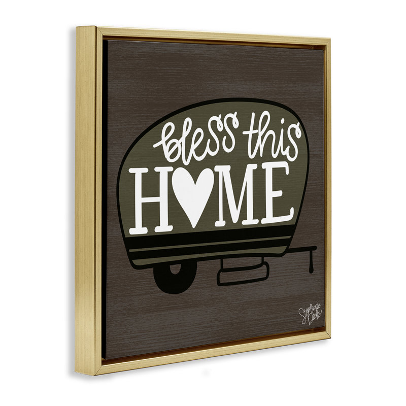 "Bless this home camper", art mural encadré par Stephanie Dicks, Cadre flottant métallique doré, H 18 po x l 18 po