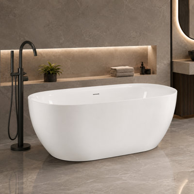 59 in. L x 29.5 in. W Minimalist Oval Freestanding Acrylic Soaking Bathtub with Drain and Overflow, Glossy White