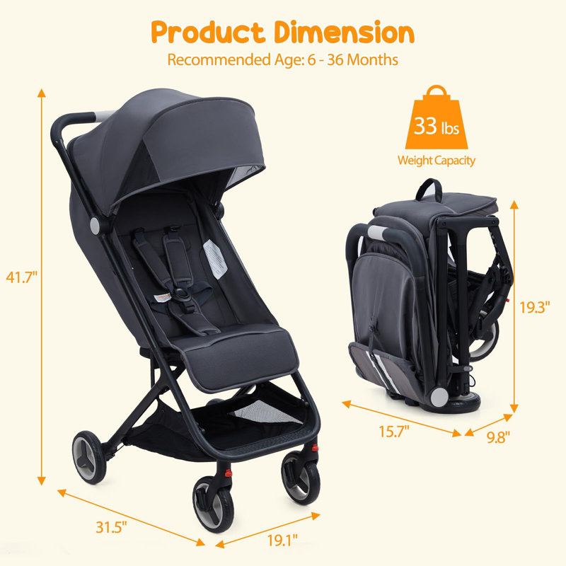 Poussette de voyage compacte pliable à une main pour l'avion, Noir