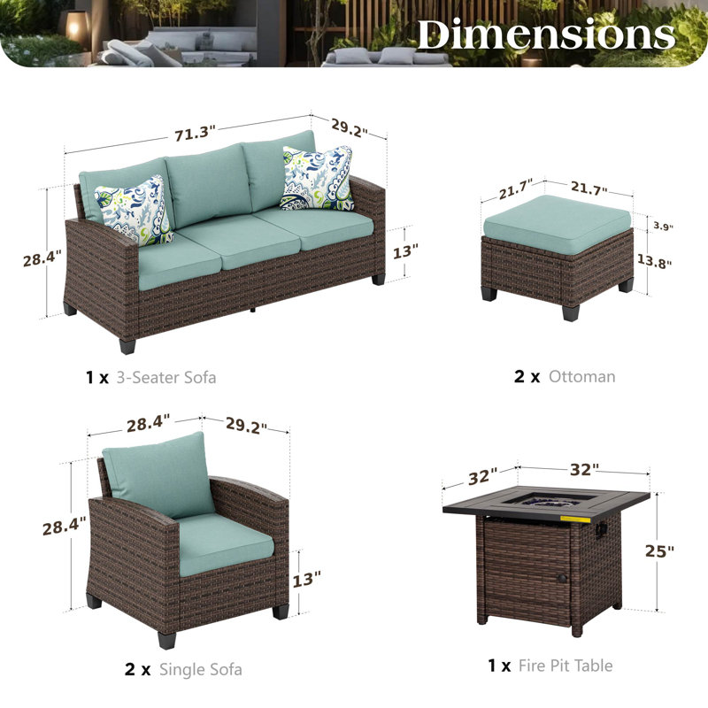 Ensemble de conversation d'extérieur en osier pour 7 personnes avec table Salem, Bleu, Oui