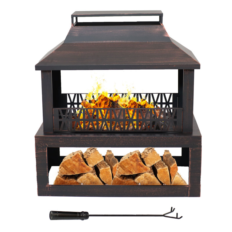 Courter 29" Rectangle Bronze Finish Steel Outdoor Fireplace with Log Storage