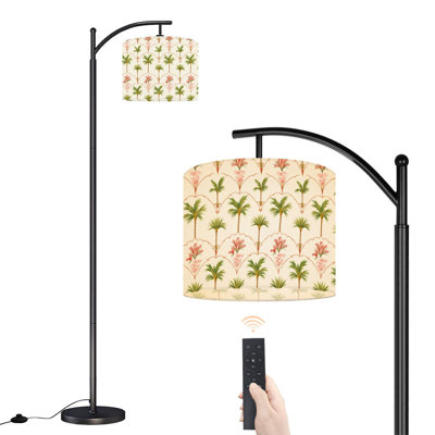 Lampe sur pied en arc Palmier vert tropical à feuilles roses Lampes sur pied botaniques rétro avec télécommande DEL Abat-jour réglables Hautes lampes pour lire Bureau Salon