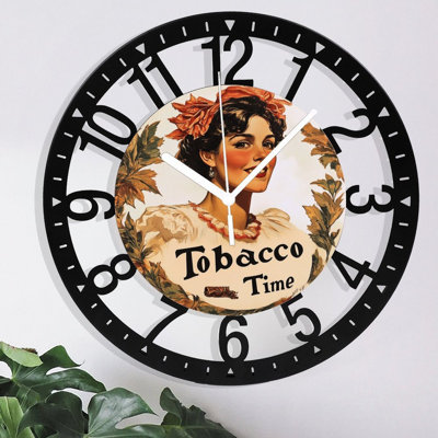 Metal Wall Clock for Living Room -10" Tobacco Time Illustration Woman Cigar Silent Non Ticking,Battery Operated, Antique Clocks for Farmhouse,Bedroom,