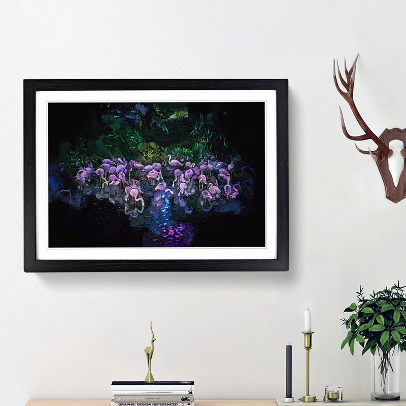 Neon Flamingos in Abstract - Framed Print, 36cm H x 48cm W x 2cm D, Black Framed