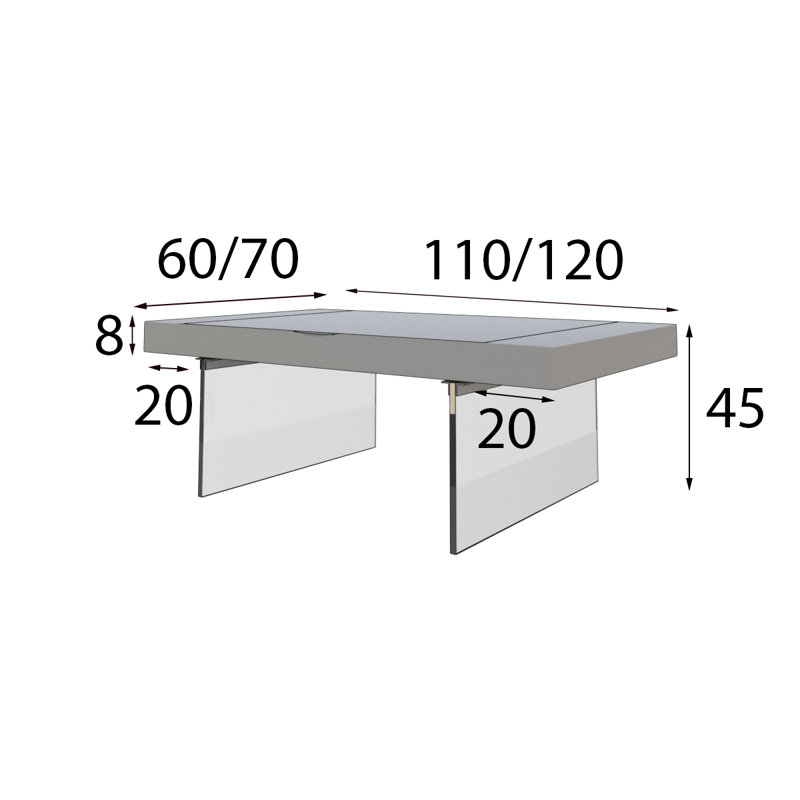 MX02 Tempered Glass Top Coffee Table, 18" H x 47" L x 36" W