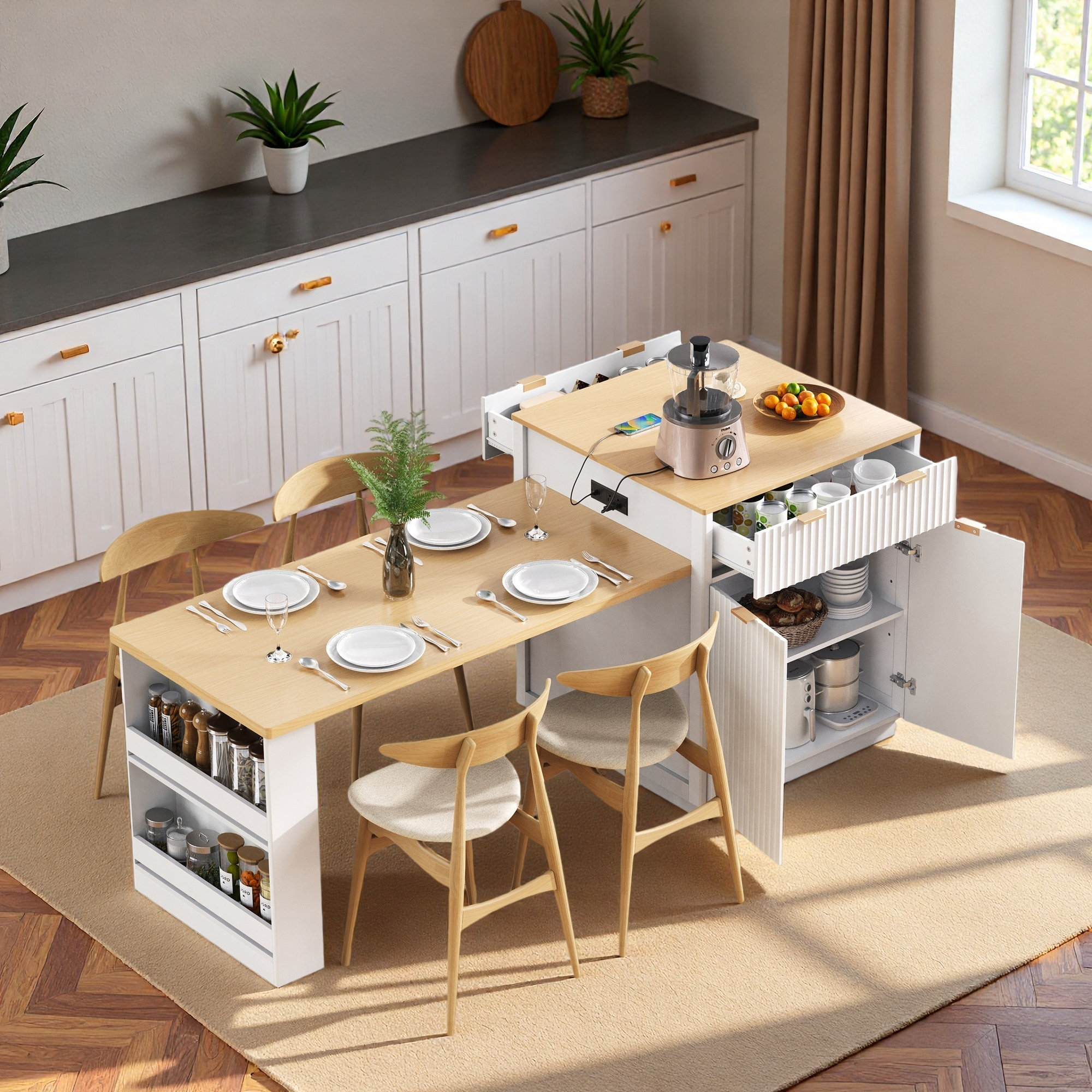 Lark Manor Fluted Kitchen Island With Extendable Dining Table, Power ...
