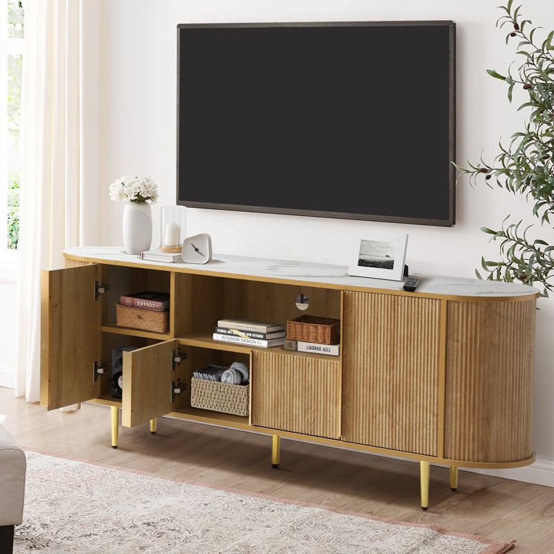 63" Fluted Tv Stand For Tvs Up To 75 Inches, Modern Entertainment Center With Cord Management, Tv Console With Adjustable Shelves And Faux Marble Top, Media Console For Living Room