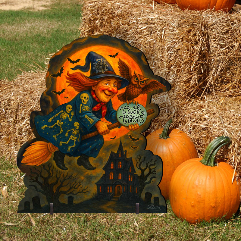 Halloween sorcière volante autoportante Lidell - présentoir de jardin en bois fabriqué à la main par G. Debrekht