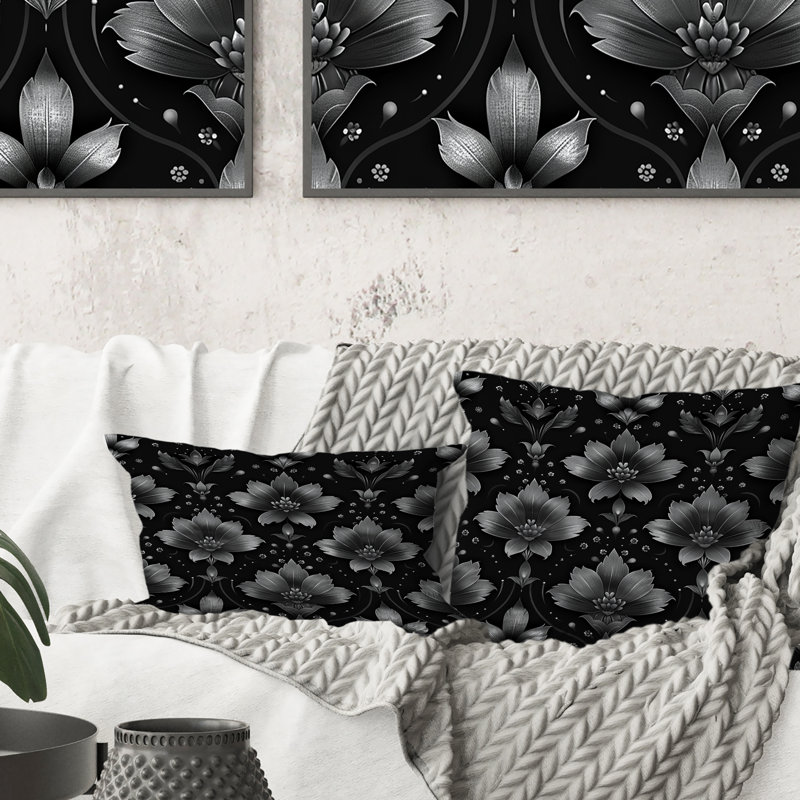 Coussin Damask Floral Glamour II - Glam, H 18 po x H 18 po, Noir, noir, noir, noir