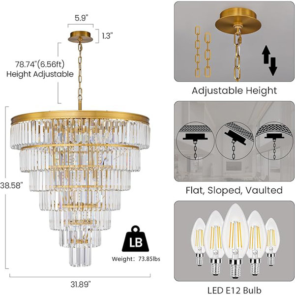 Mercer41 Large Crystal Chandelier 36" Round Chandeliers For Staircase ...