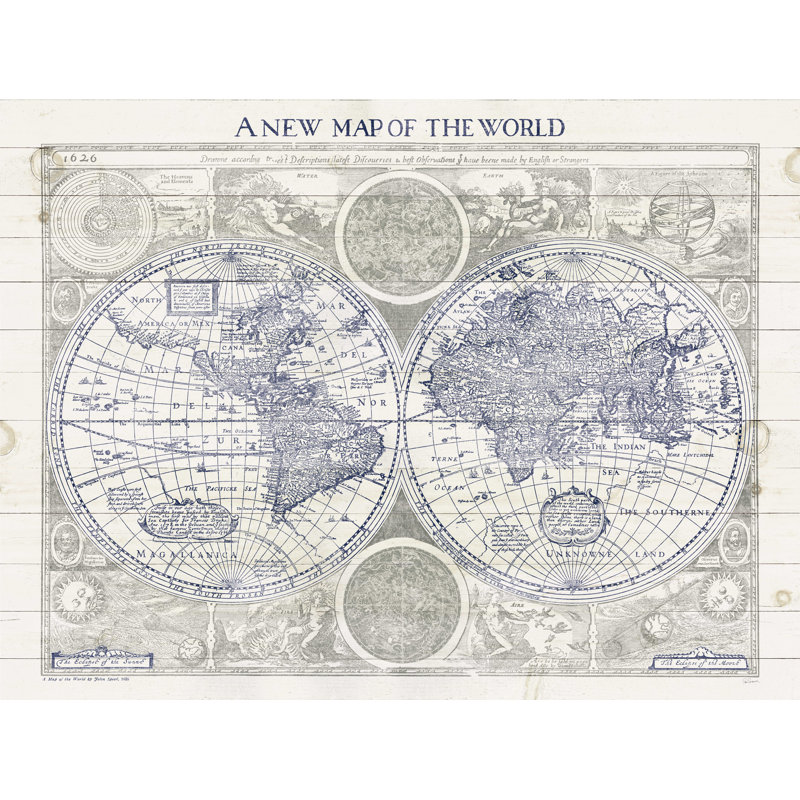 «New Map of the World Wood» par Sue Schlabach, reproduction sur toile, H 36 po x l 48 po