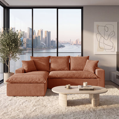 92.5“ L-Shaped Modular Boneless Sectional Couch Chenille Compression Sofa with Pocket Spring, 2 Pieces Modern Deep Seat Sofa, Upholstered Couches for Living Room, Orange