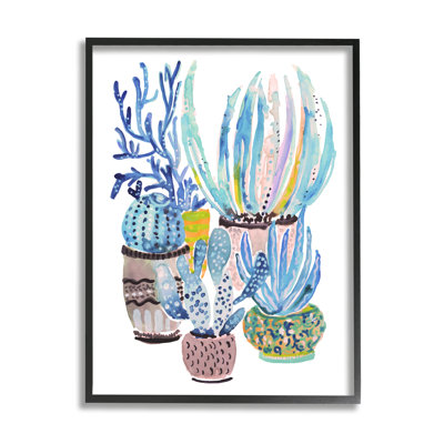Stupell Industries Patterned Blue Cactus Plants By Karen Fields - Floater Frame Painting On Wood In Midnight Black Framed Giclee