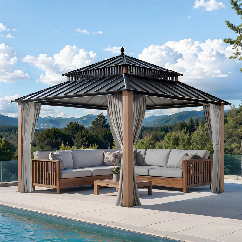Sunjoy Kingston 12x12 ft. Hardtop Gazebo, Steel Patio Gazebo with Double Roof, Curtains and Netting, Wood Grain
