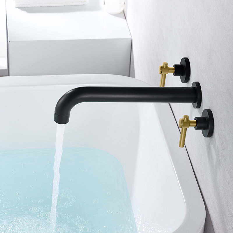 SUMERAIN High Flow Bathtub Faucet,  Extra Long Spout Double Handle Wall Mounted Tub Filler, Black/Gold, Lever Handle