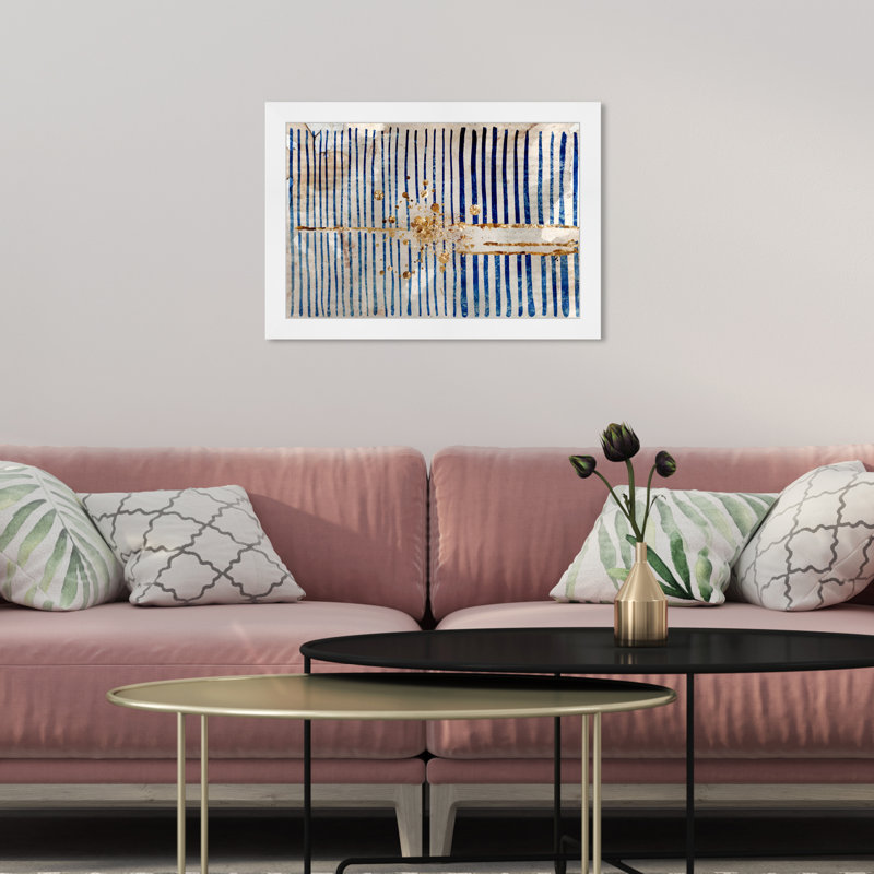 «Blue and Gold Abstract Lines» par Oliver Gal - reproduction imprimée, L 17 po x H 12 po, Blanc