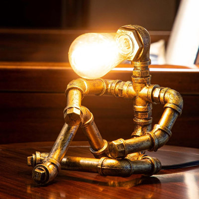 Lampe de table Steampunk vintage industrielle en métal Robot Lampe de table à tuyau d'eau Lampe à tuyau Steam Punk de style lampe de bureau pour bar café Décoration de bureau