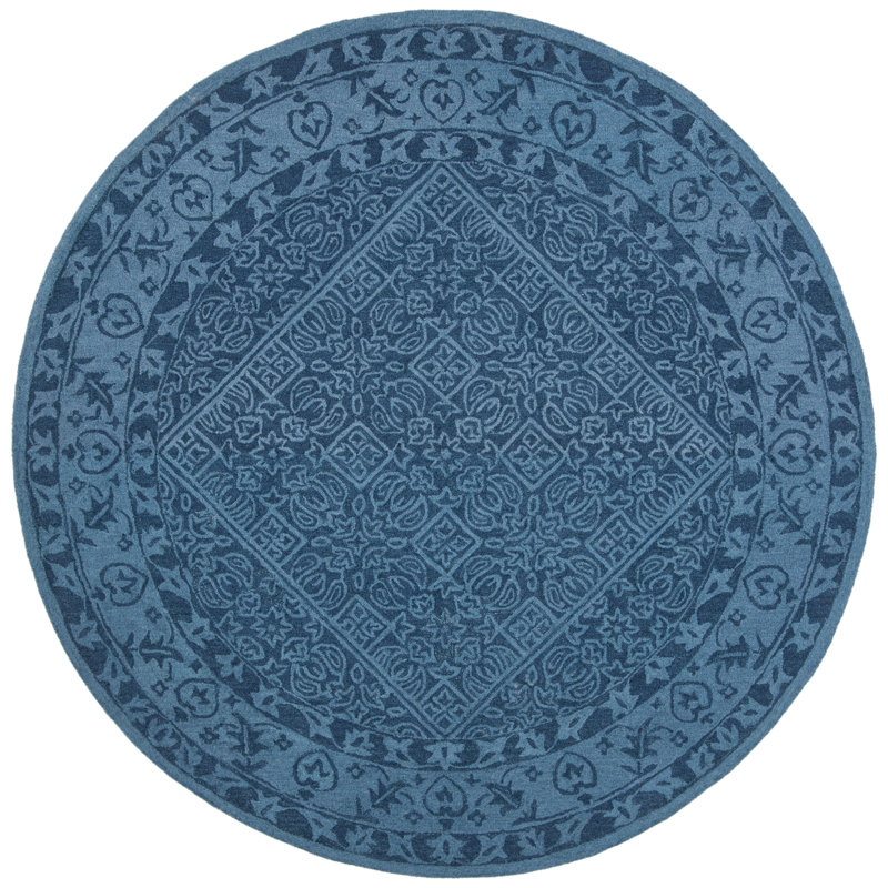 Pimentel Hand Tufted Wool/Cotton Geometric Rug in Navy Blue, Round 7'