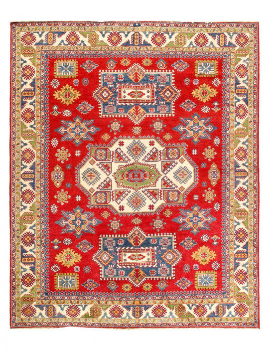 Kazak noué à la main rouge de couleur rouge 8 pi x 9 pi 11 po