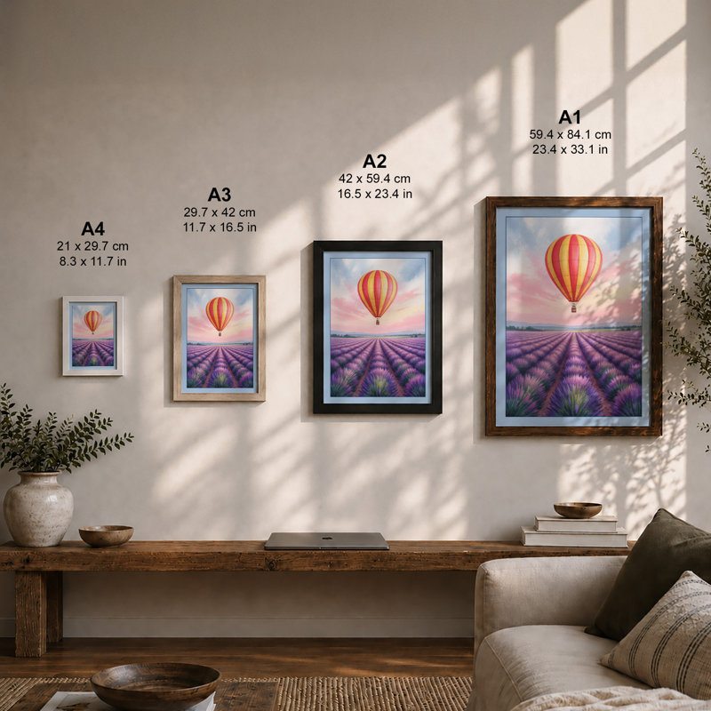 Balloon Over Lavender Boho - Framed Print, A4 - 29.7 x 21.0 cm, Unframed