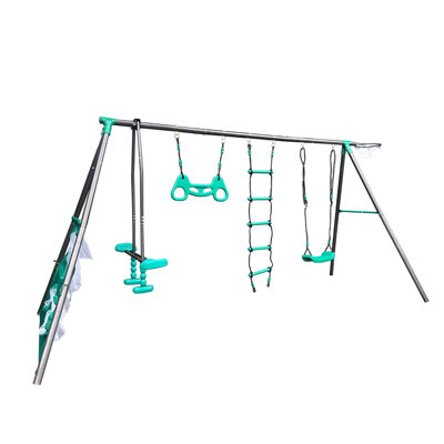 Outdoor Swing Set W/Durable Metal And Plastic, Safe Play Equipment W/Face-To-Face Swing, Basketball Hoop And Soccer Net