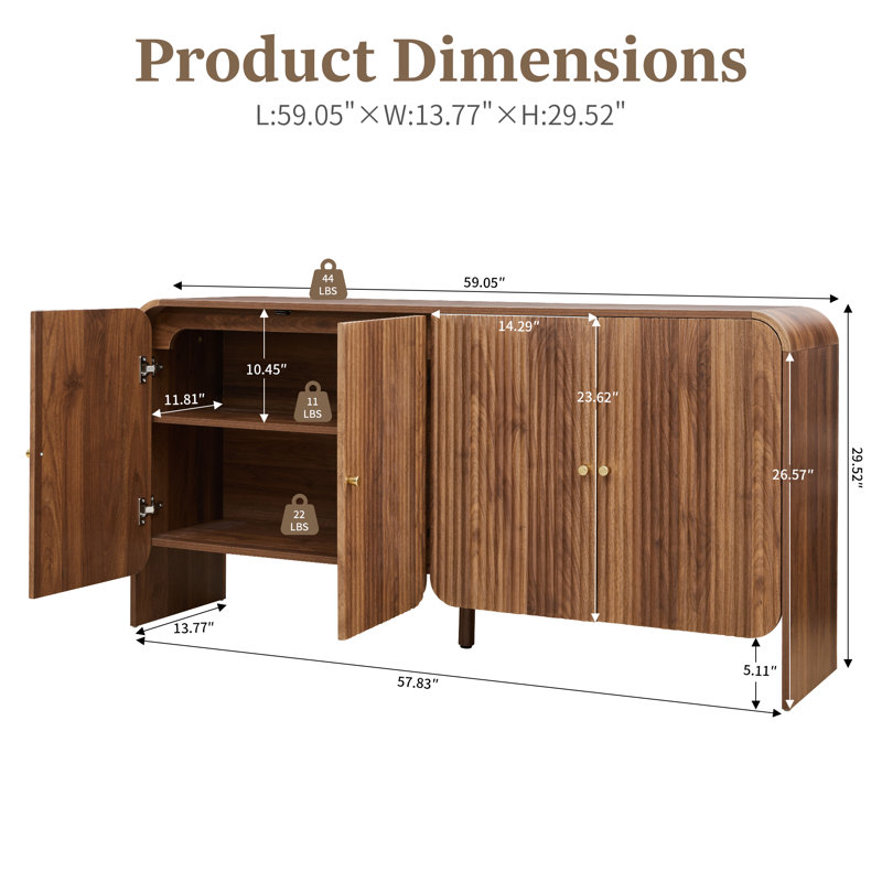 Buffet 59,05 "avec 4 portes cannelées, Noyer