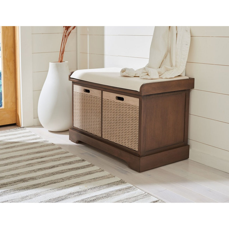 Banc de rangement en pin Landers - Siège de coussin d'entrée de 32 po avec 2 paniers-tiroirs, style maison de campagne, Brun