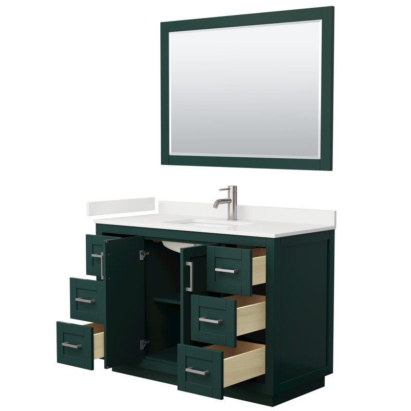 Ensemble de meuble-lavabo simple autoportant 48 po avec plateau en quartz Miranda, Quartz blanc, Vert, Nickel brossé