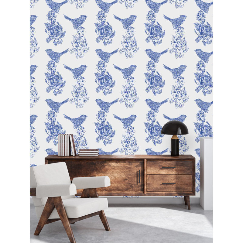 Panneau de papier peint oiseaux bleus sur fleurs L 18,75 po x l 25 po