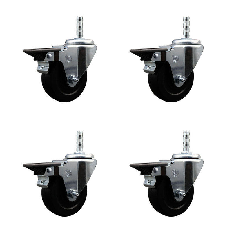 3.5 Inch_Soft Rubber Wheel Swivel 5/8 Inch Threaded Stem Caster Set with Brake