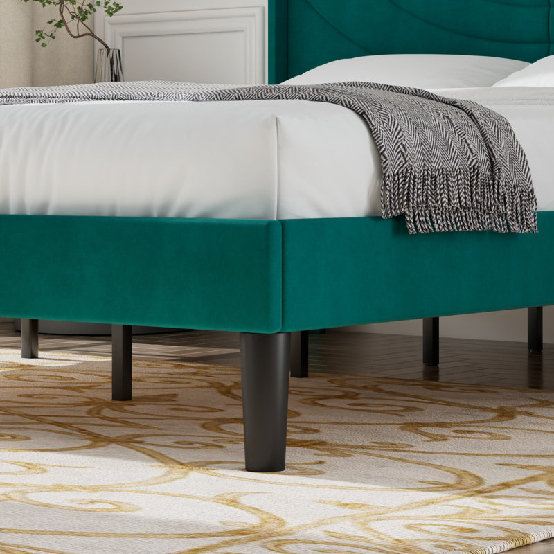 Full Size Velvet Bed Frame with Wingback Headboard, Upholstered Platform Bed with Wing Side Channel Tufted Headboard, Solid Wooden Slats Support, No Box Spring Needed, Noise Free, Dark Green