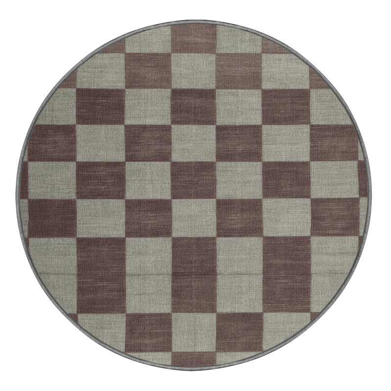 Tapis gris à carreaux lavable à la machine, Rond 8 pi