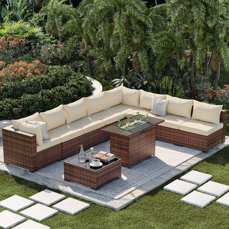 8 - Person Outdoor Wicker Patio Conversation Furniture Set With Fire Pit Table, Beige