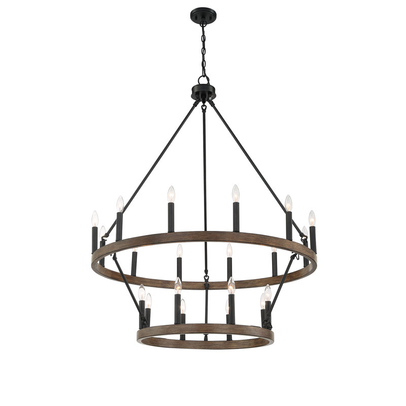 Beck 20 - Light Steel Dimmable Candle Style Wagon Wheel 2 Tier Chandelier UL Certified, Weathered Walnut/Matte Black