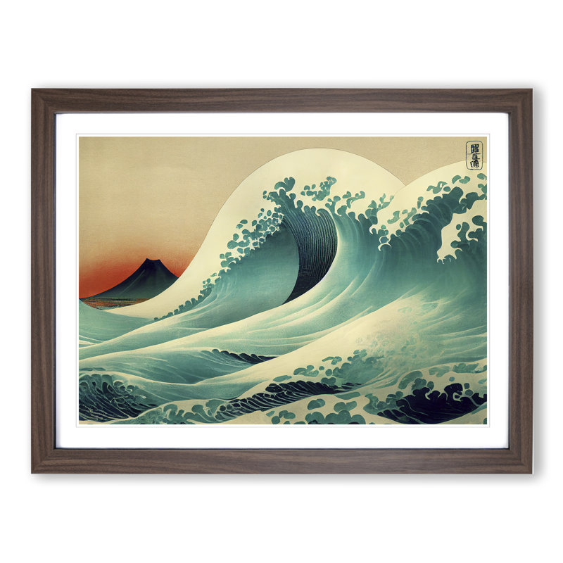Japanese Wave By Mountains Vol.1 - Single Picture Frame Print, 25cm H x 34cm W x 2cm D, Walnut Framed