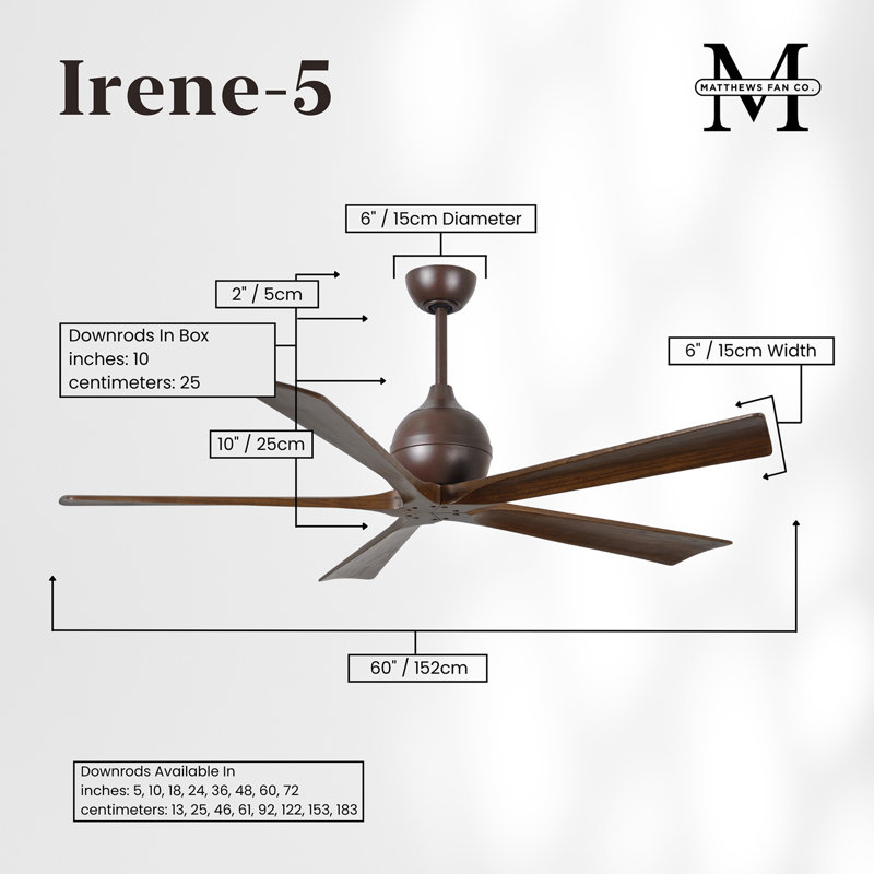 52" Irene 5-Blade Ceiling Fan with Wall Remote, 60", Textured Bronze, Walnut