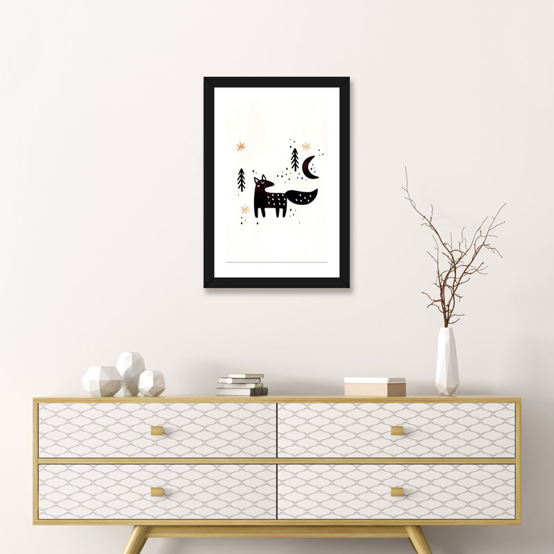 «Little Winter Fox» par Kubistika - Reproduction d'art graphique sur papier encadré, Papier encadré noir, Blanc