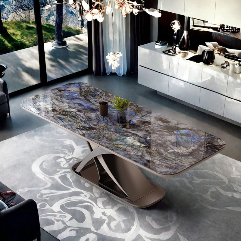 Table de salle à manger luxueuse en pierre frittée, H 29,53 po x L 70,87 po x L 31,5 po, Bleu