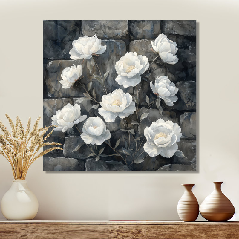 Pivoines monochromes sur le rocher I - impression de pivoines sur métal, H 36 po x l 36 po