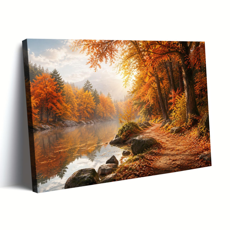«Luxury Autumn Forest River Landscape», peinture sur toile tendue avec châssis, 24 po x 36 po