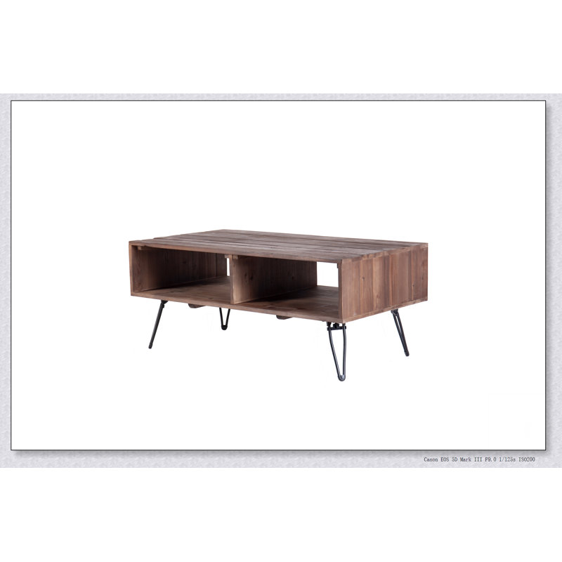 Table basse en bois récupéré avec rangement ouvert pour le salon, pieds en métal