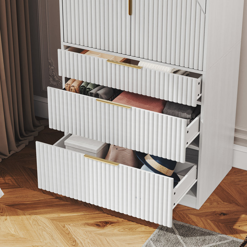 White Modern MDF Wardrobe Armoire with Gold Handles