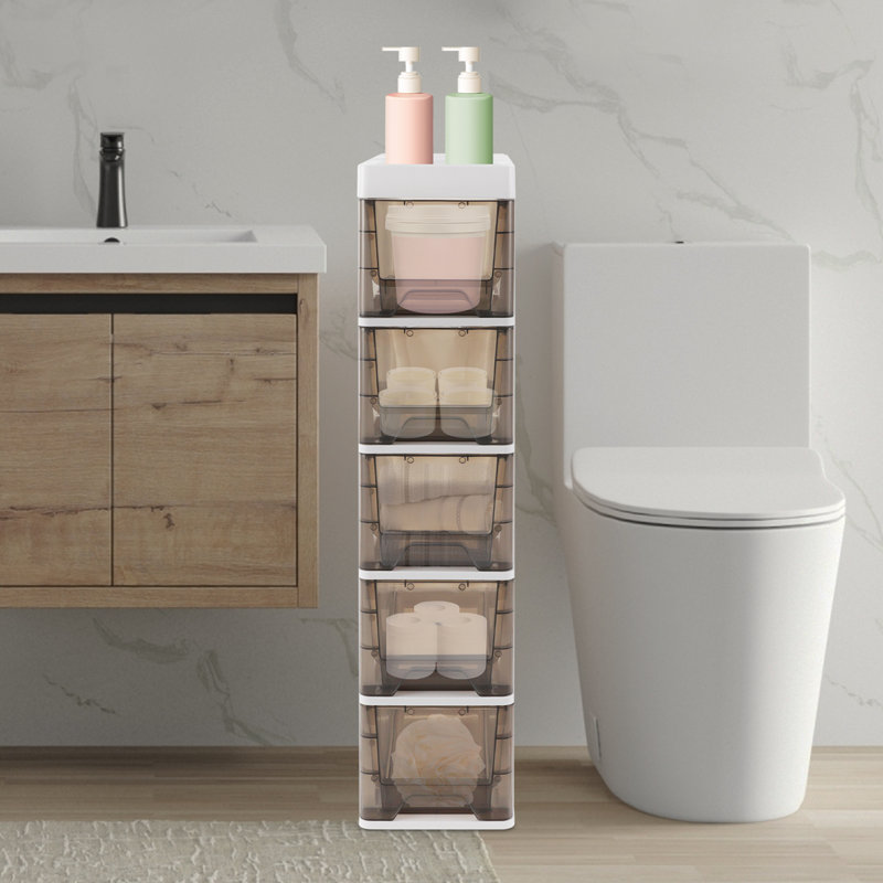 5 Tier Bathroom Storage Cabinet Narrow Floor Standing Storage Cabinet, Clear Black