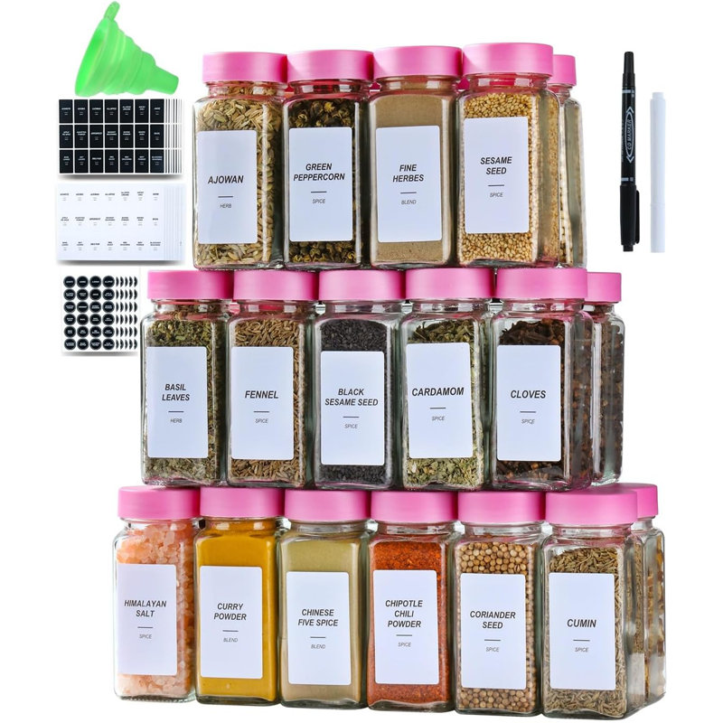 24 Glass Spice Jars With Label-4Oz Spice Containers With Lids And Shaker Lids,3 Sets Of Spice Labels 1 Collapsible Funnel 2 Erasable Markers (24)