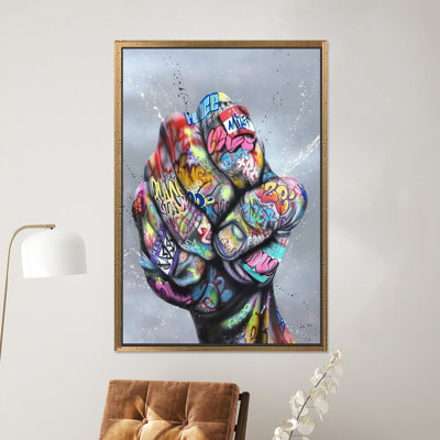 Inspiré coloré poing décor - œuvre d'art sur toile imprimée pour espaces modernes, 1P or encadré
