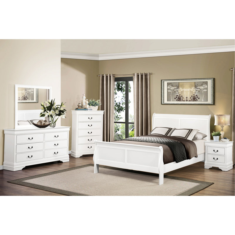 Chambre à coucher traditionnelle pleine grandeur de style blanc avec tête de lit, Lit double, Blanc
